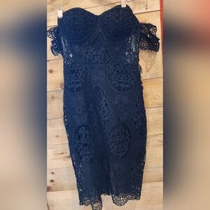 bebe Off-Shoulder Black Lace Midi Dress